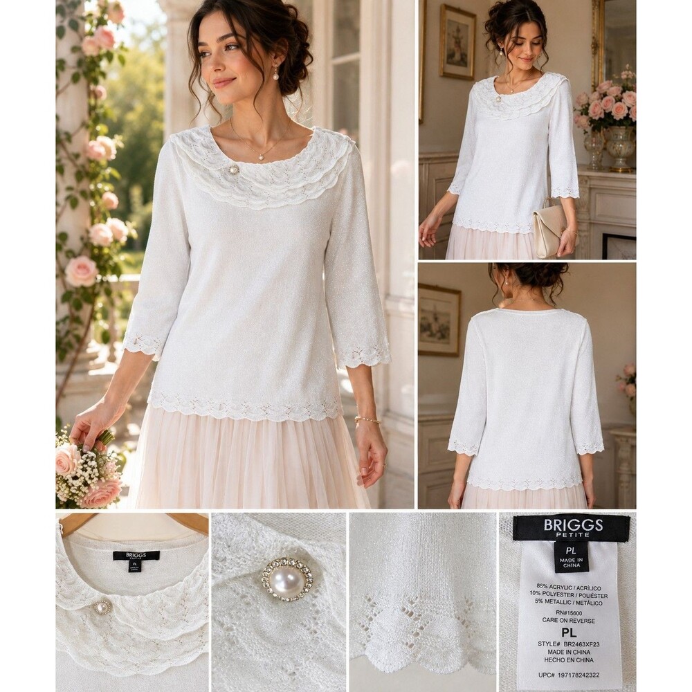 BRIGGS Petite Women L Ivory Shimmer Knit Sweater Layered Collar Soft Romantic